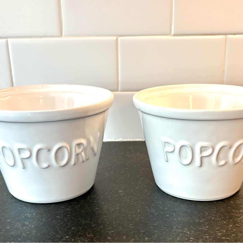 Crate&Barrel White Ceramic Popcorn Bowl Set